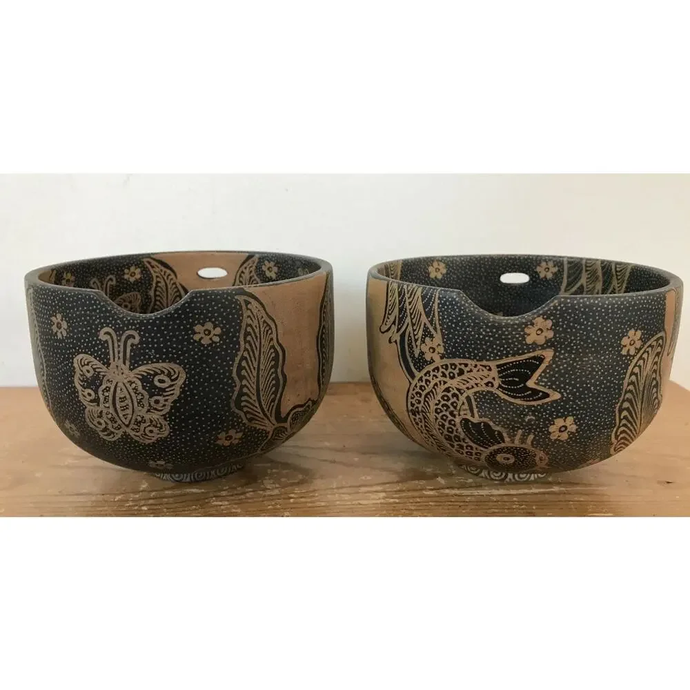 Set Pair 2 Wooden Carved Painted Koi Miso Bowls Woven Wooden Basket Indonesia
